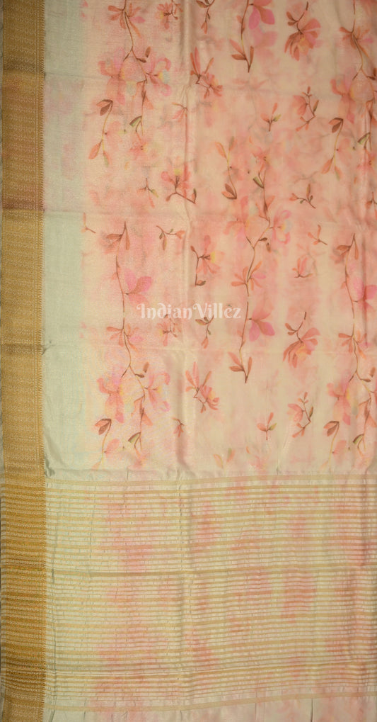 Pink Pastel Green Floral Printed Design Pure Tussar Silk Saree