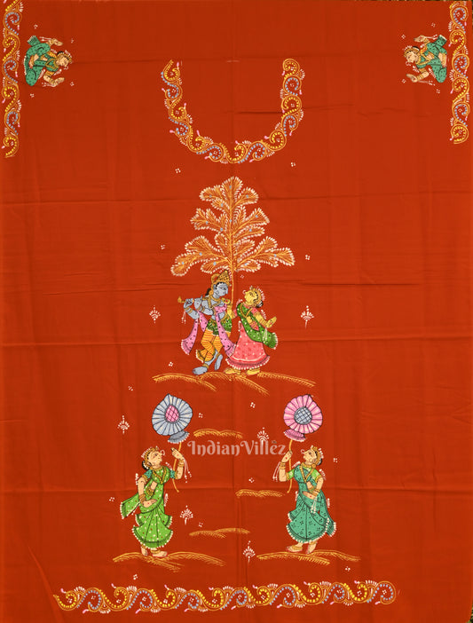 Deep Orange Radha Krishna Rasa Theme Pattachitra Kurti Dress Material