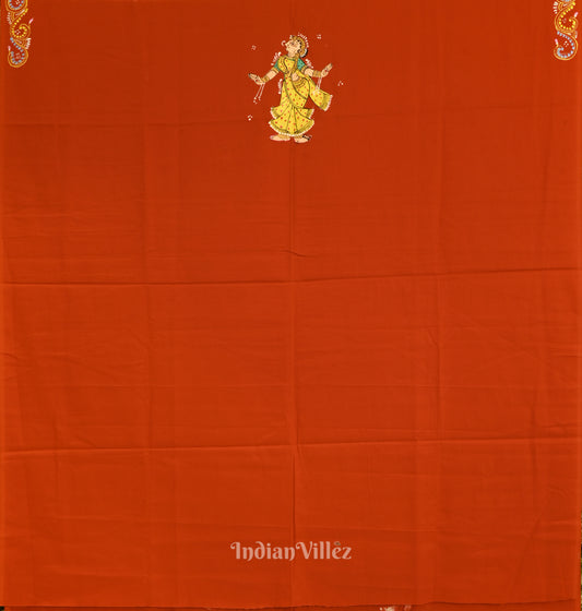 Deep Orange Radha Krishna Rasa Theme Pattachitra Kurti Dress Material