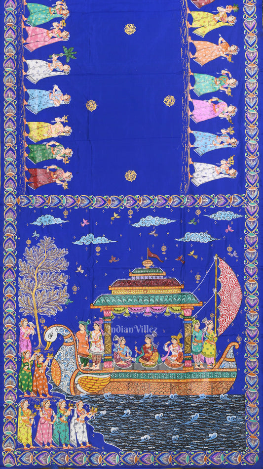 Royal Blue Yellow Boita Theme Hand-Painted Pattachitra Saree