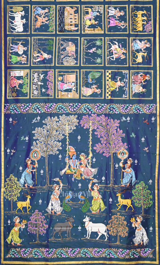 Blue Yellow Krishna Raas Village Theme Hand- Painted Pattachitra Saree