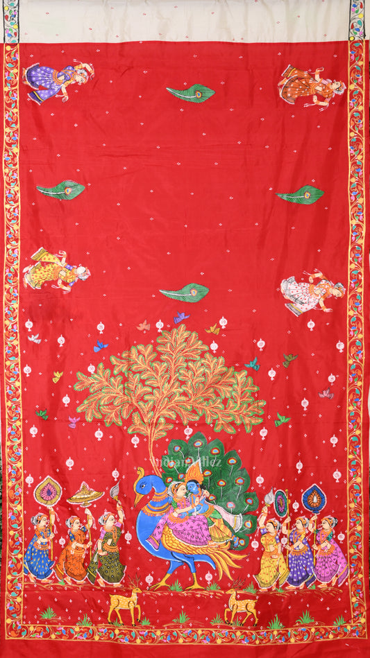 Red White Radha Krishna Peacock Design Hand-Painted Pattachitra Saree