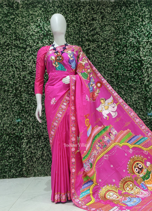 Rani Pink Shree Jagannath Hand-Painted Pattachitra Saree