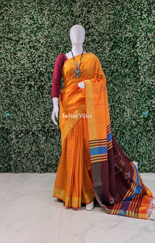 Orange & Dark Maroon Handwoven Soft Silk Saree