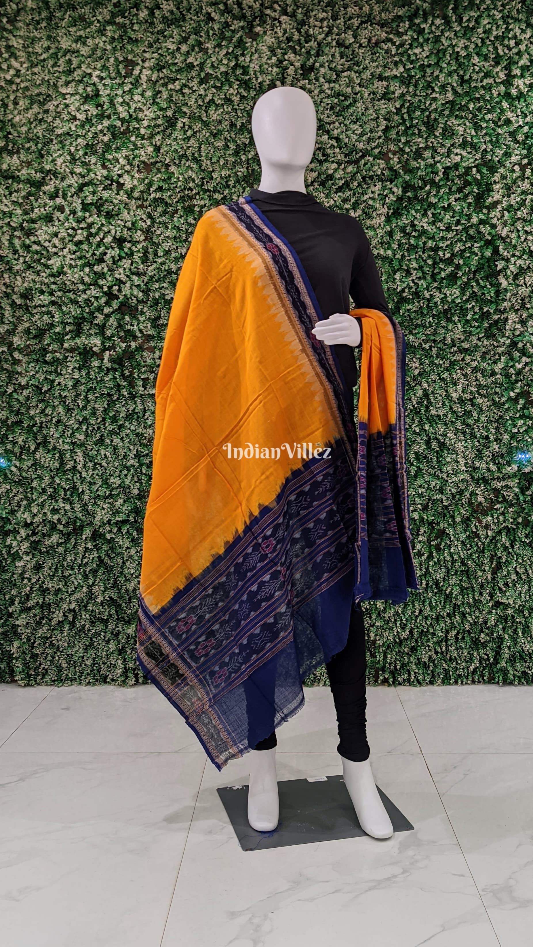 Yellow Blue Handwoven Odisha Ikat Cotton Dupatta