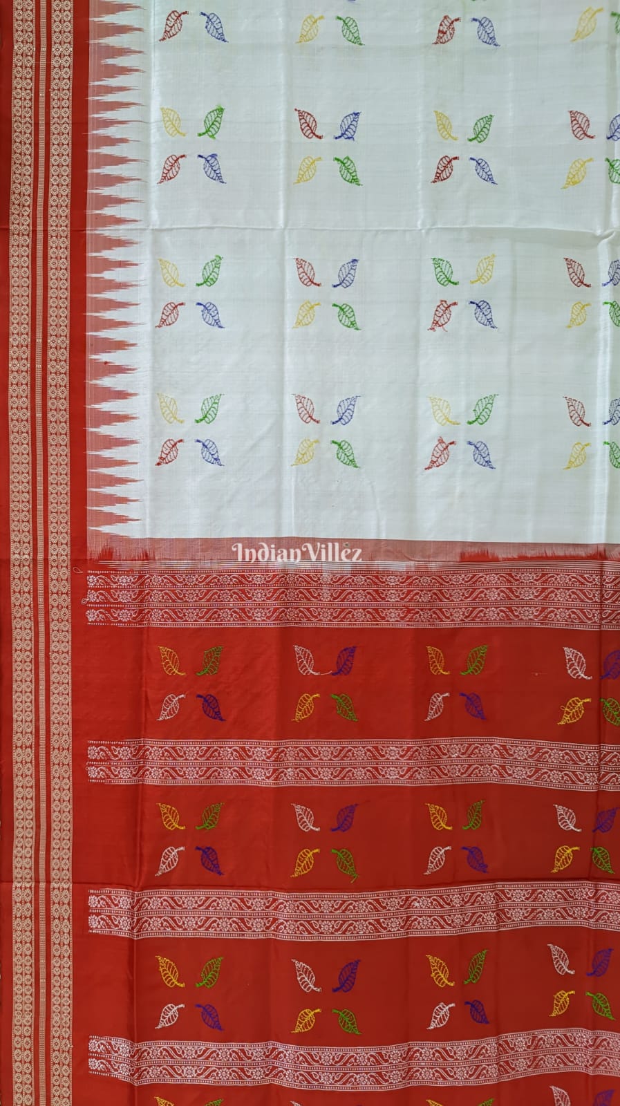 White with Multicolored Leaf Bomkai Sambalpuri Silk Saree