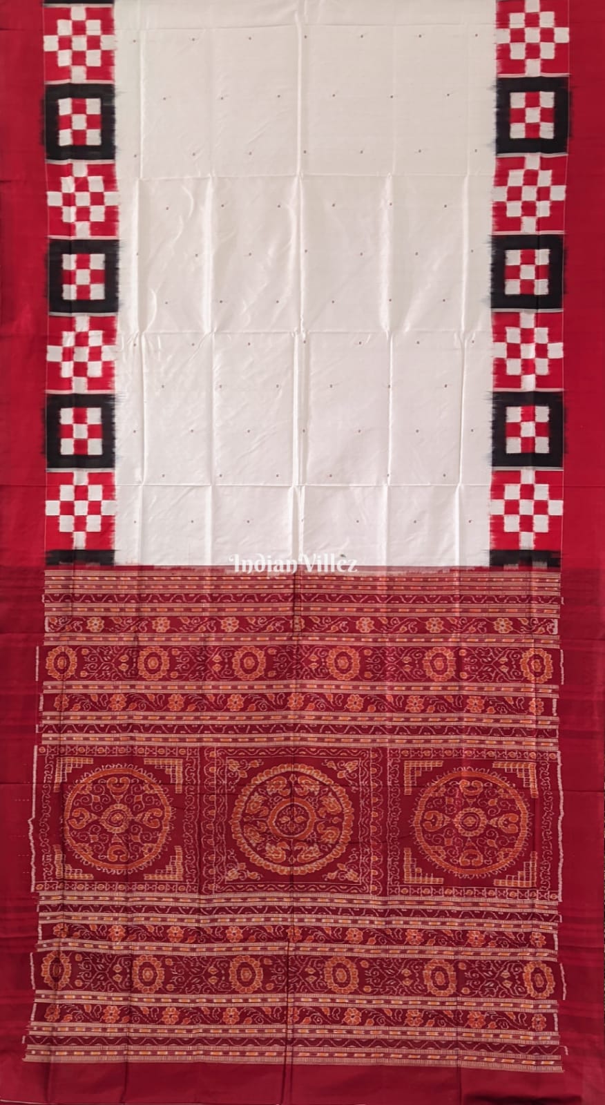 White Maroon Border Pasapali Bomkai Sambalpuri Silk Saree