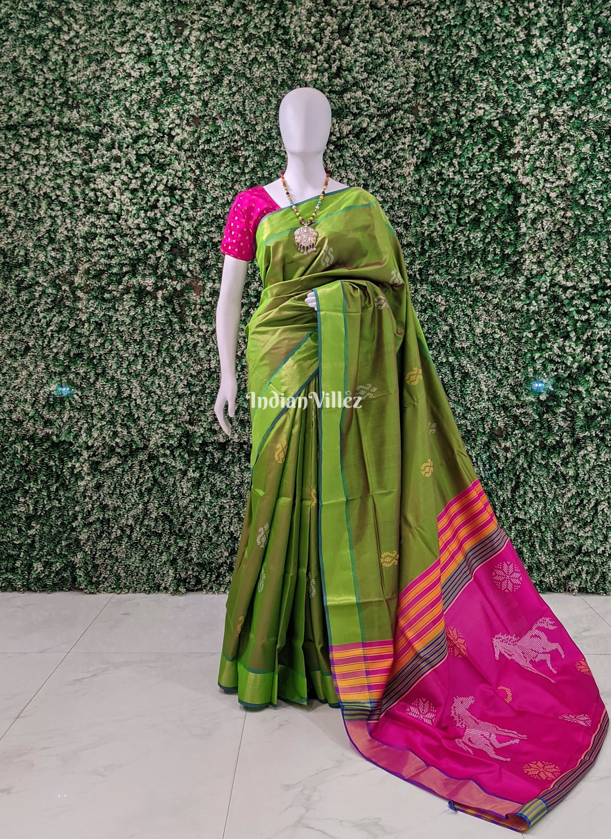 Parrot Green Purple Handwoven Soft Silk Saree