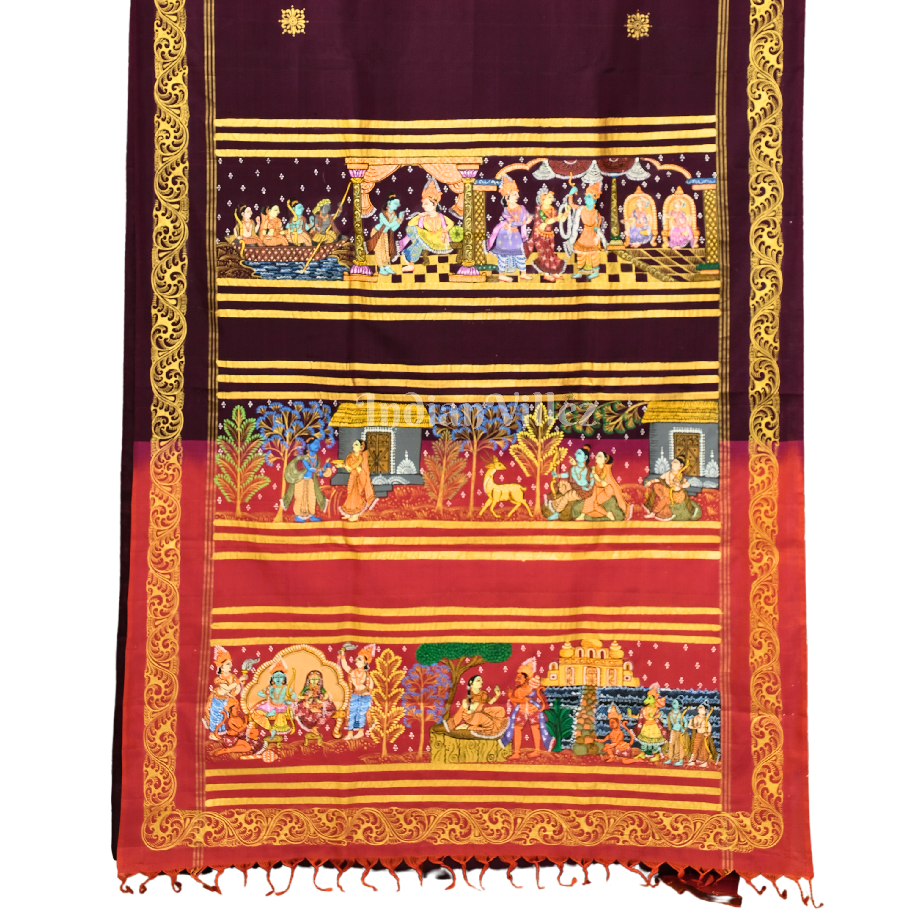 Deep Maroon Colour Ramayan Theme Pattachitra Silk Saree