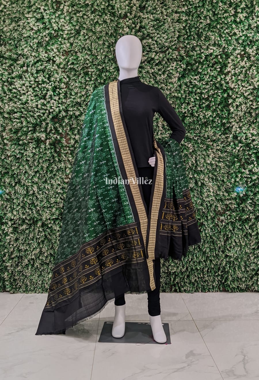 Deep Green Black Tribal Sambalpuri Silk Dupatta