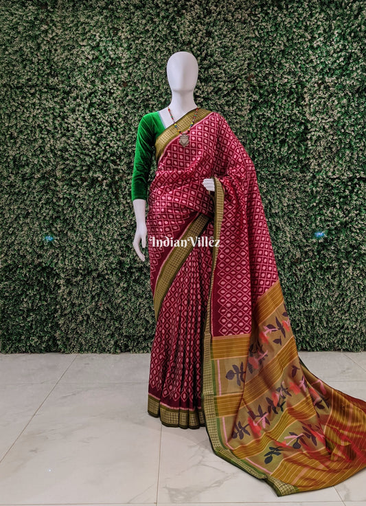 Maroon Odisha Ikat Khandua Silk Saree With Exclusive Floral Pallu
