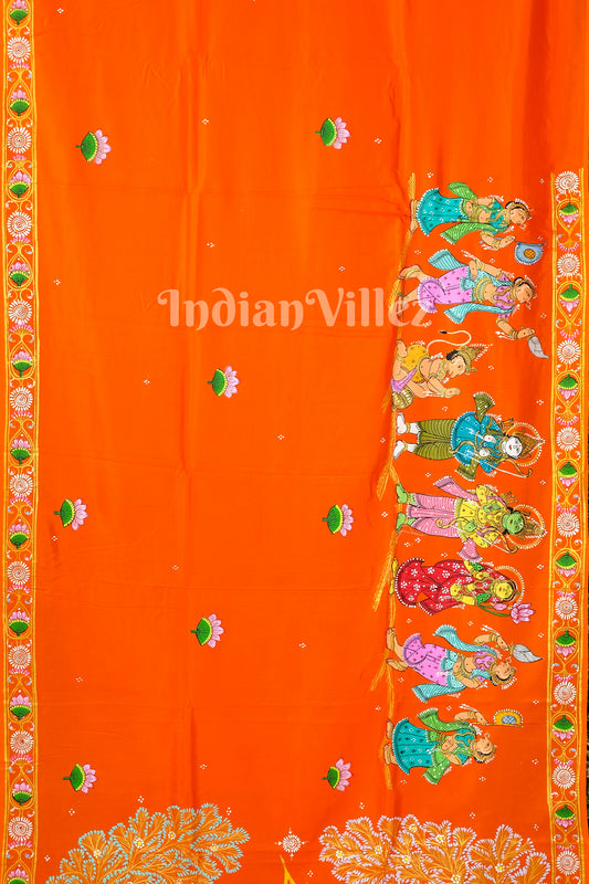 Orange Ramayan Theme Sita Agni Pariksya Pattachitra Khadi Silk Saree