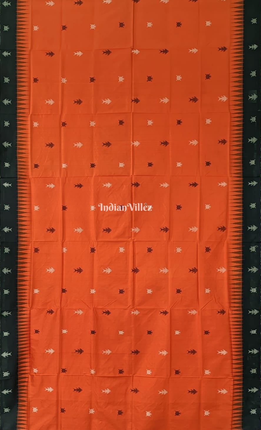 Orange Fish Motif Habaspuri Bomkai Sambalpuri Silk Saree