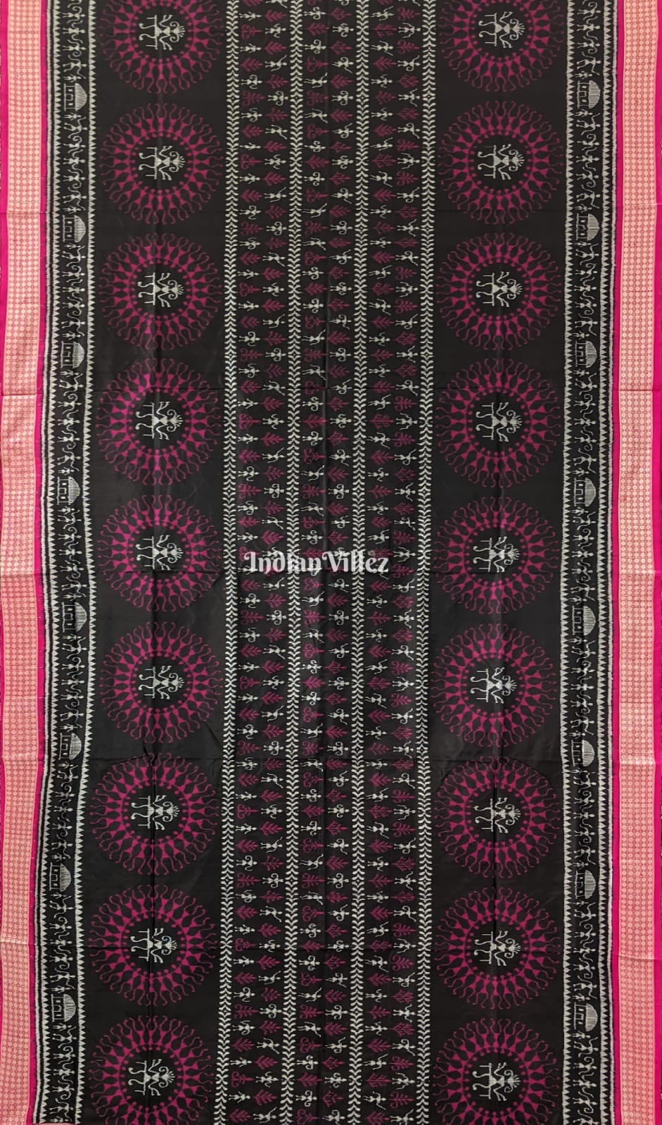Black Pink Tribal Theme Sambalpuri Ikat Silk Saree