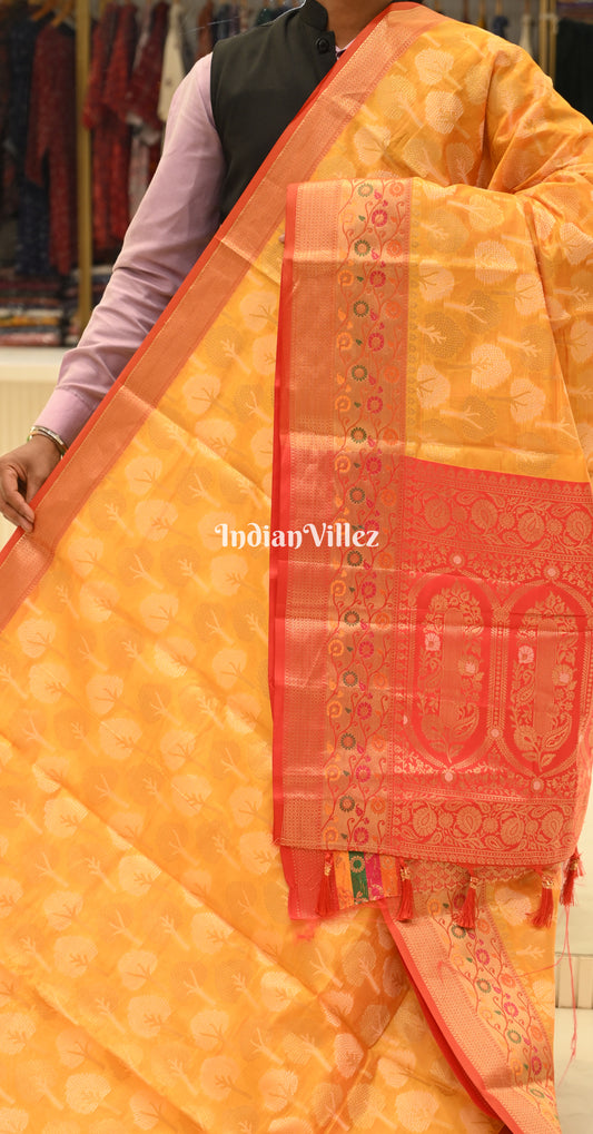 Yellow Red Organza Silk Meenakari Weaving Banarasi Saree