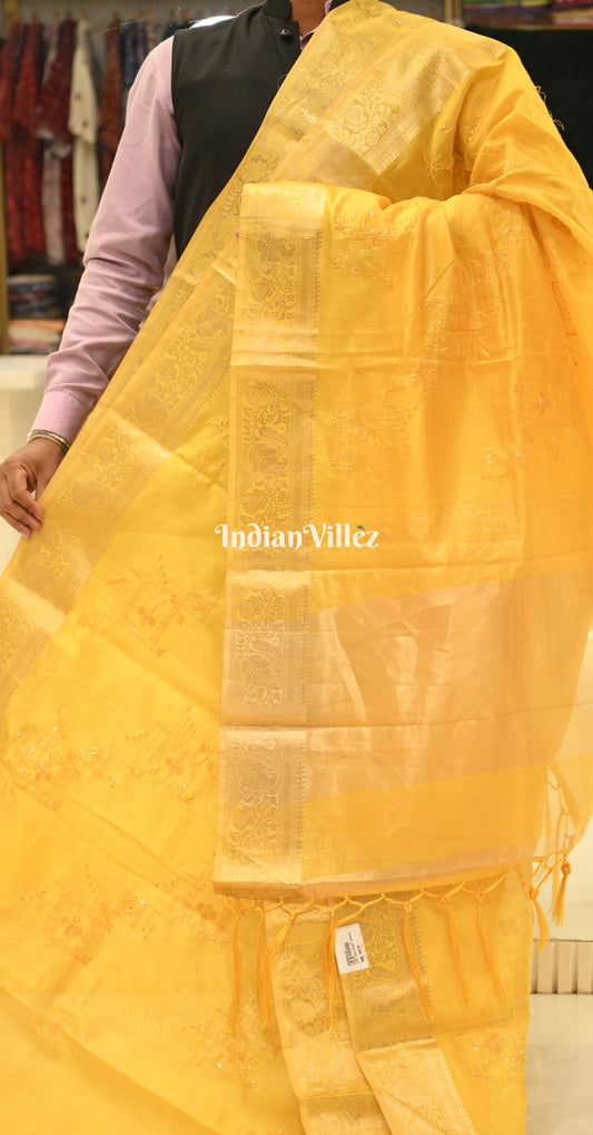 Light Yellow Zari Satin Silk Banarasi Saree