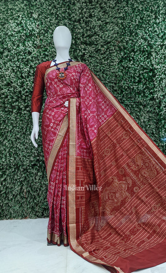 Pink Red Tribal Theme Odisha Ikat Sambalpuri Silk Saree
