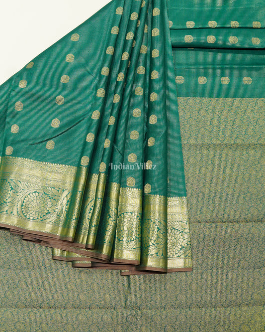 Teal Green Golden Stripped Pure Kanjivaram Silk Saree
