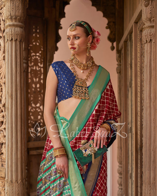 Red with Blue Patola Inspired Pochampally South Silk Saree