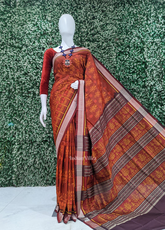 Maroon Floral Motif Odisha Handloom Sambalpuri Silk Saree