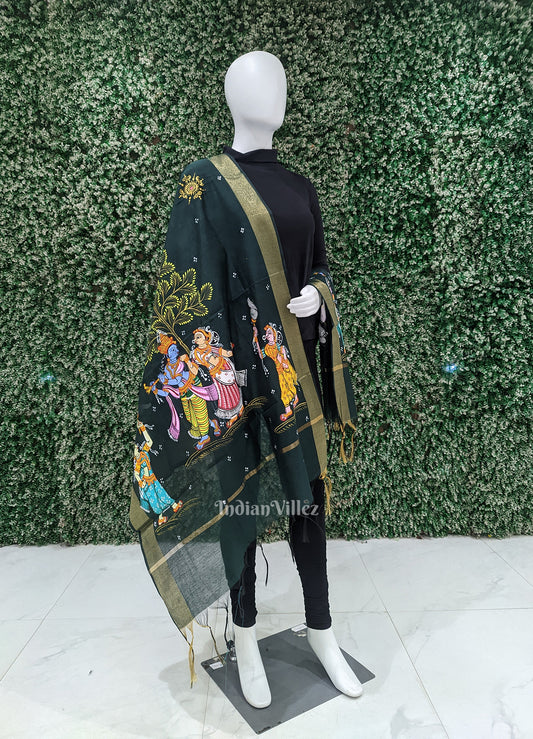 Bottle Green Radha Krishna Hand-Painted Pattachitra Chanderi Dupatta