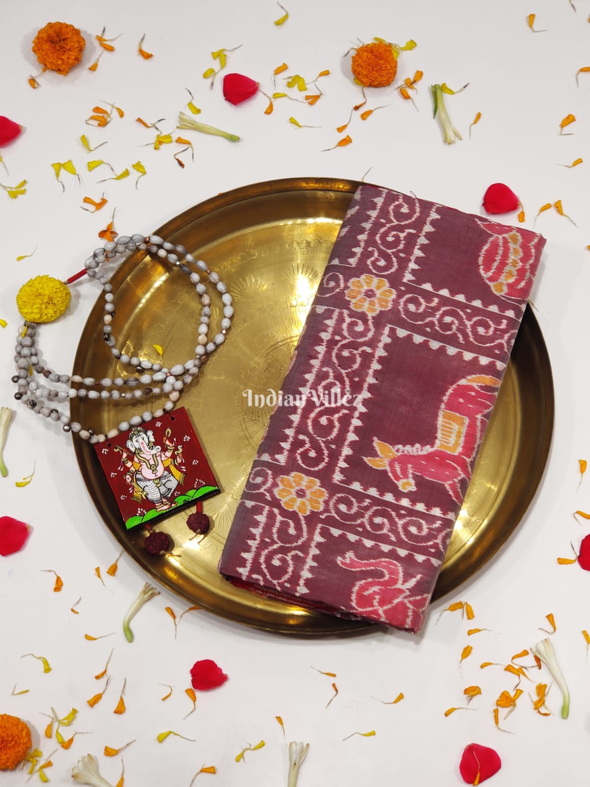 Brown Red Pure Sambalpuri Ikat Silk Pastel Saree
