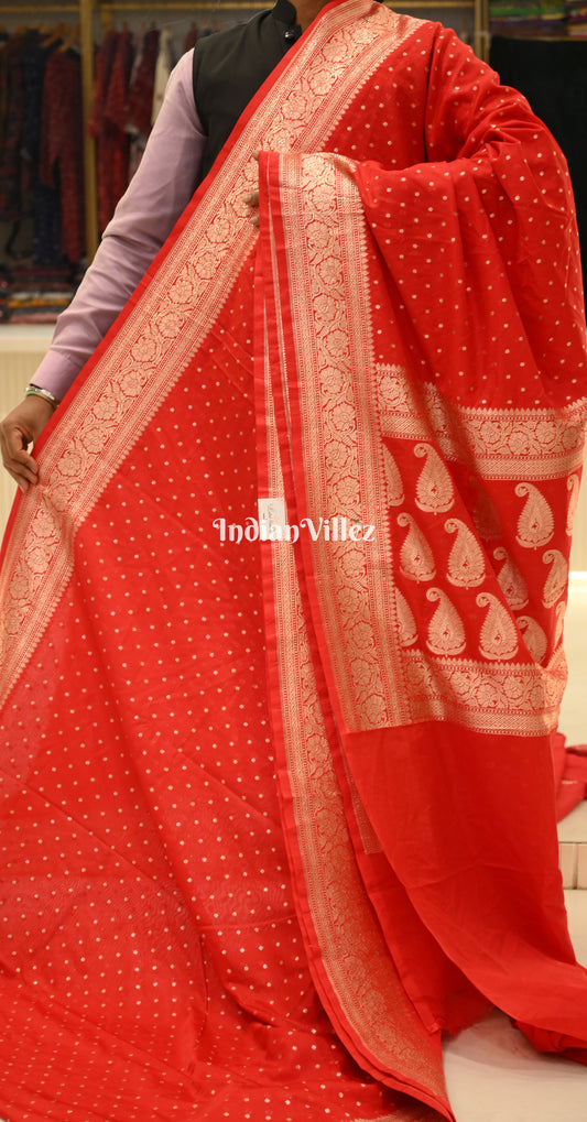 Red Pure Khaddi Gergette Banarasi with Nylon Weaving Saree