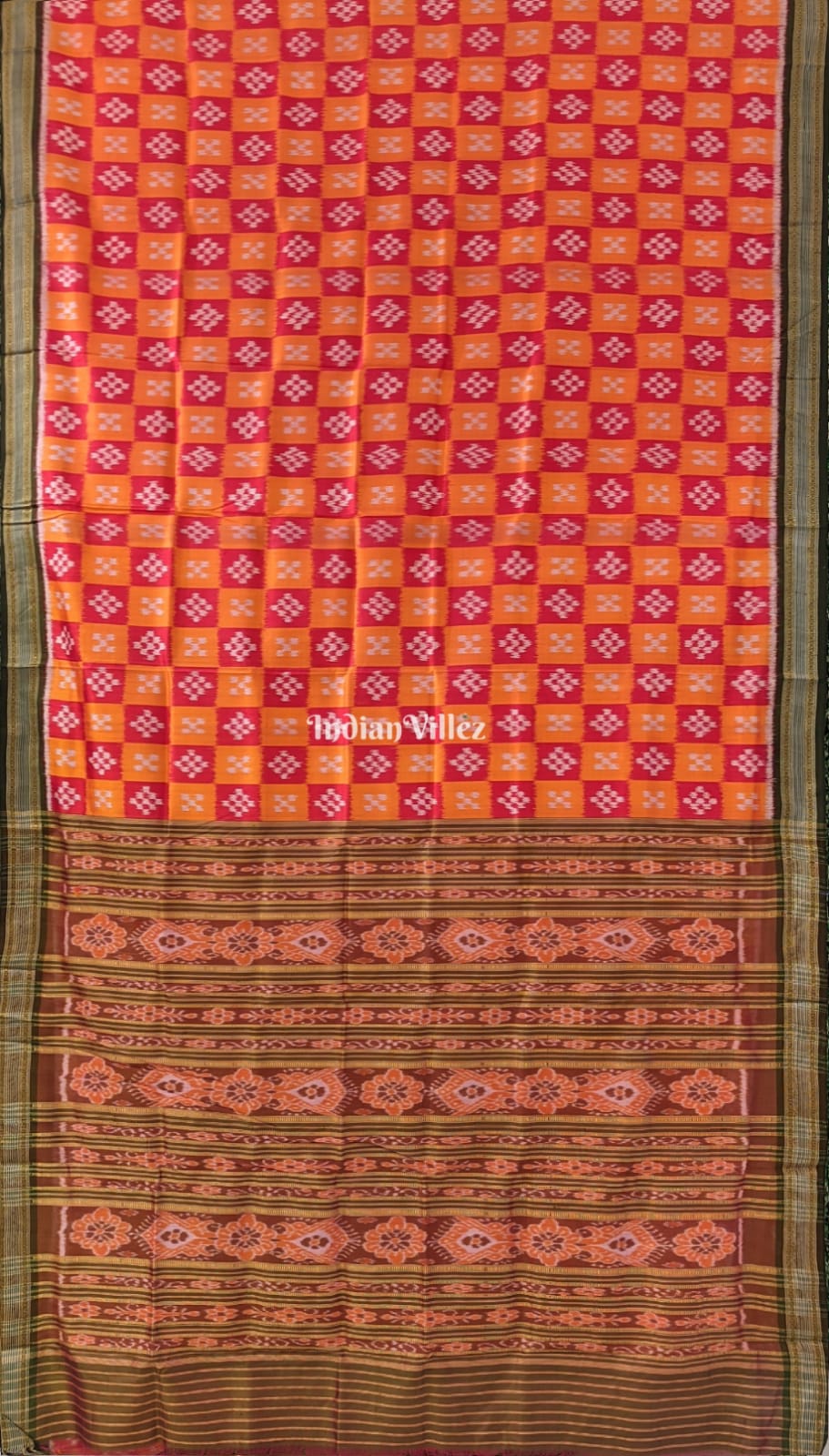 Orange Red Body Pasapali with Black Border Khandua Silk Saree