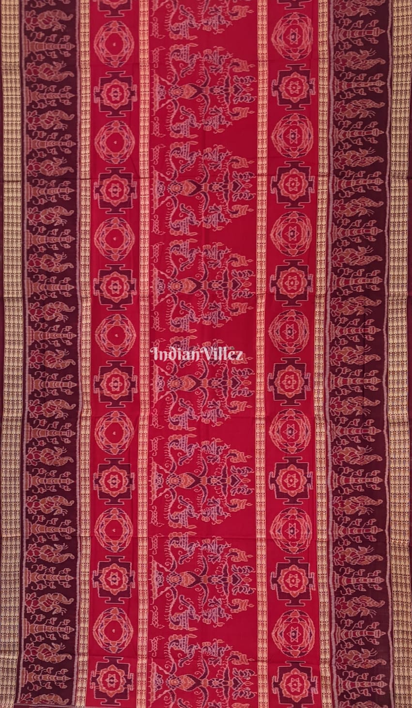Red Odisha Ikat Sambalpuri Cotton Saree with Fish Line Motif & Border