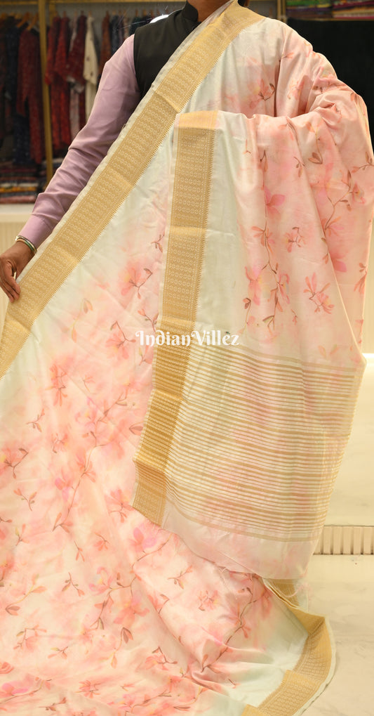 Pink Pastel Green Floral Printed Design Pure Tussar Silk Saree
