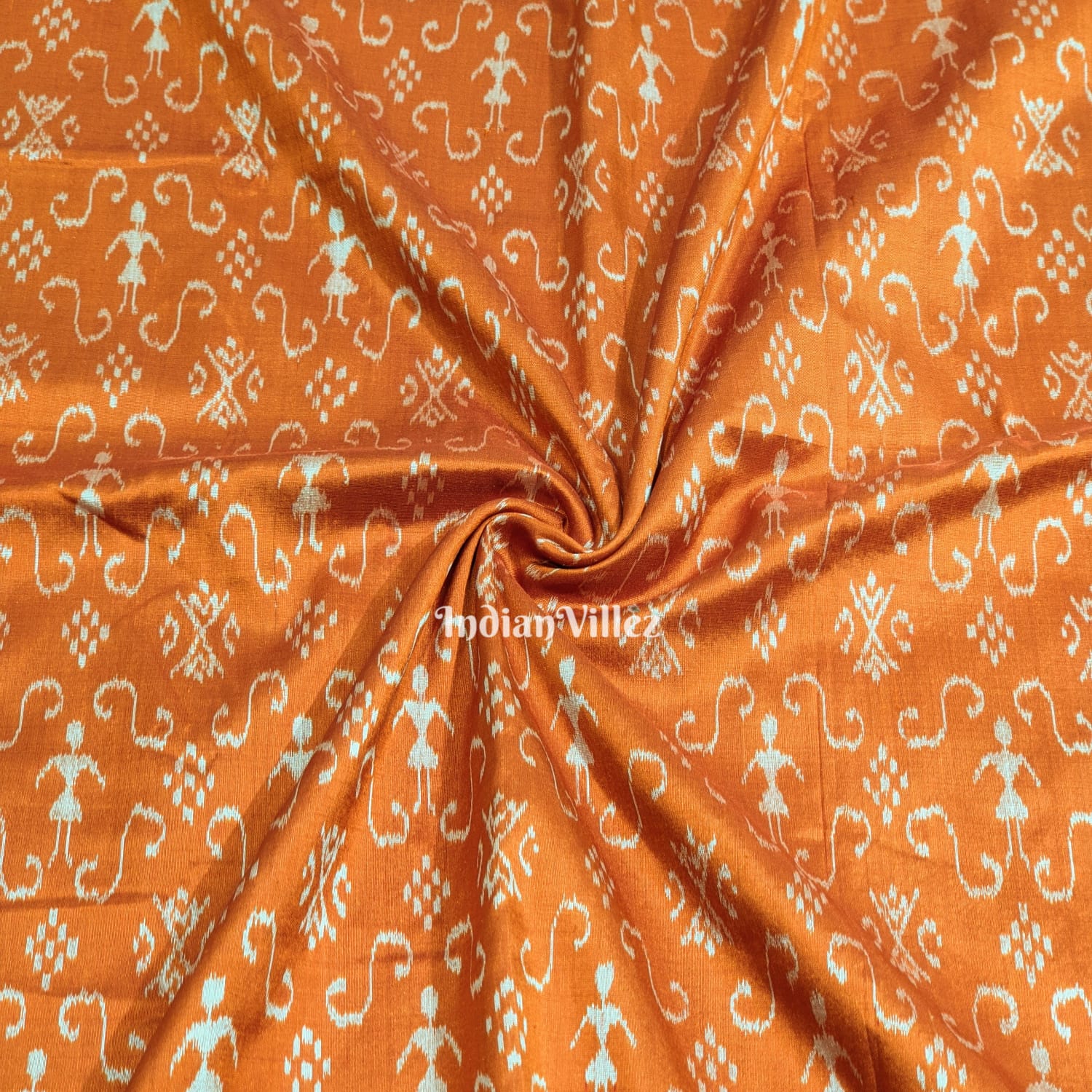 Orange Tribal Theme Sambalpuri Ikat Silk Fabric