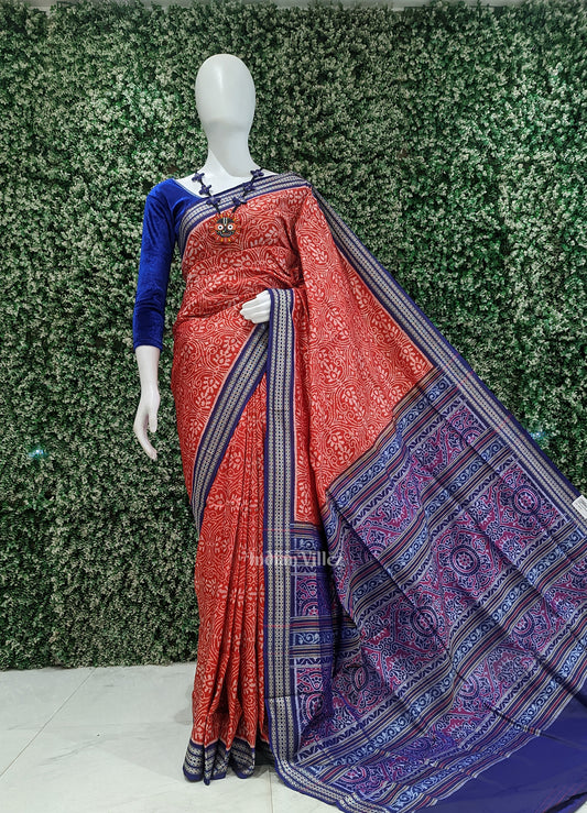 Red Blue Floral Motif Sambalpuri Silk Saree