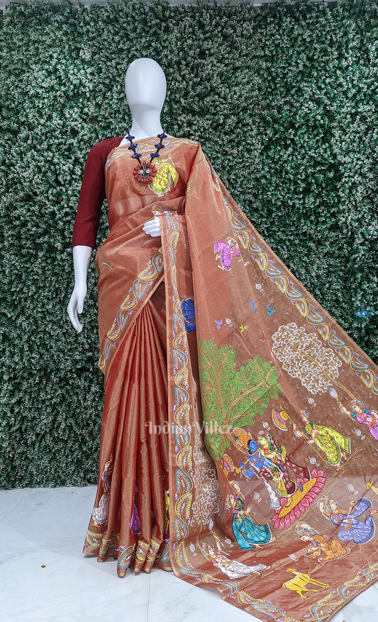 Cadmium Orange Dual Tone Krishna Rasa Leela Hand-Painted Pattachitra Saree
