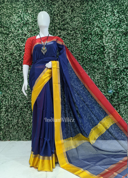Royal Blue Pure Silk Cotton Maheswari Saree with Zari Border
