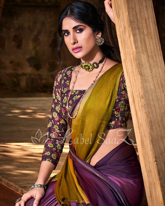Purple Mustard Chiffon Saree with Floral Blouse
