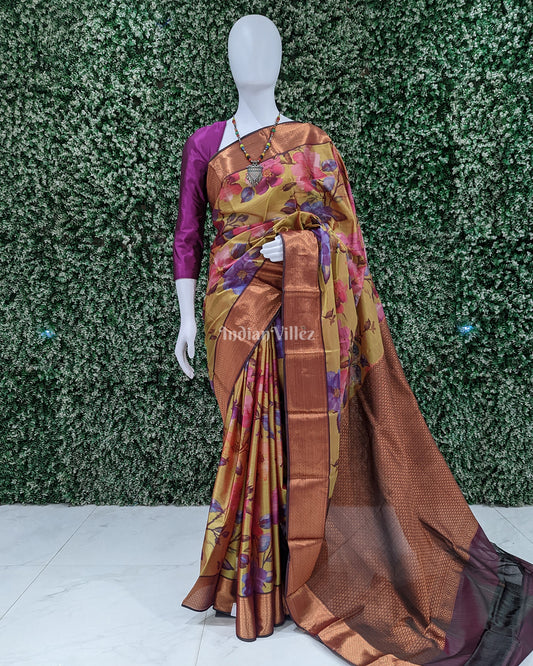 Yellow Floral Digital Print Kanjivaram Silk Saree