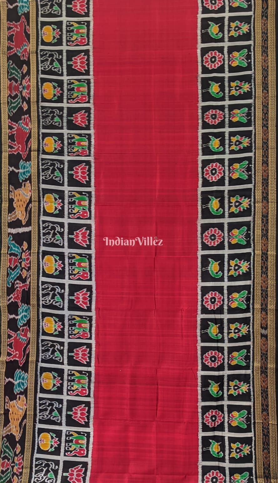 Maroon Black Nabakothi Khandua Pata Silk Saree with Animal Border