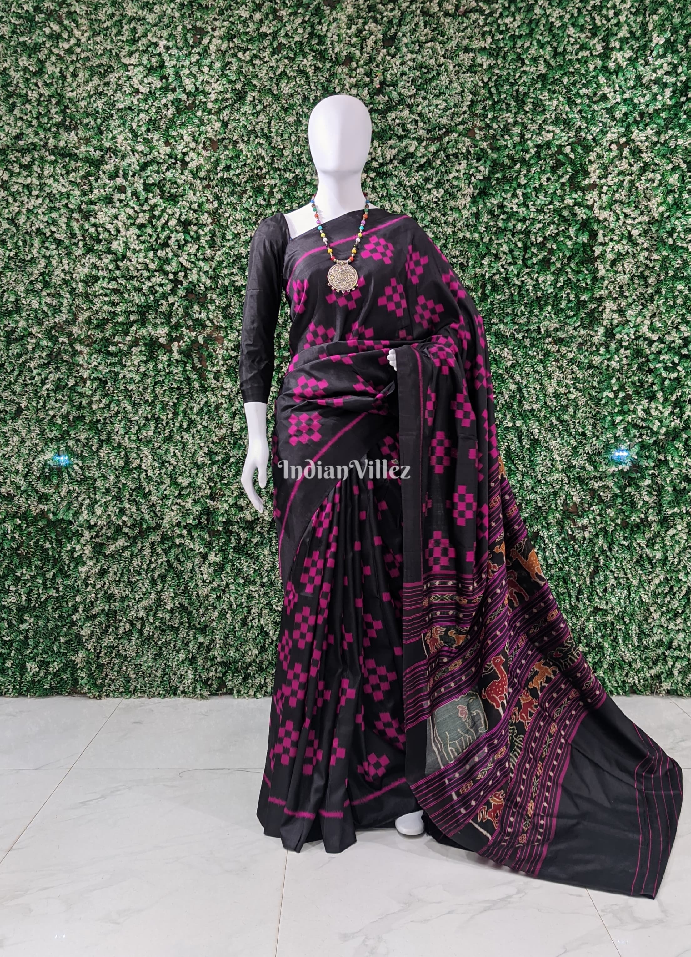 Black Rani Pink Odisha Ikat Designer Contemporary Silk Saree
