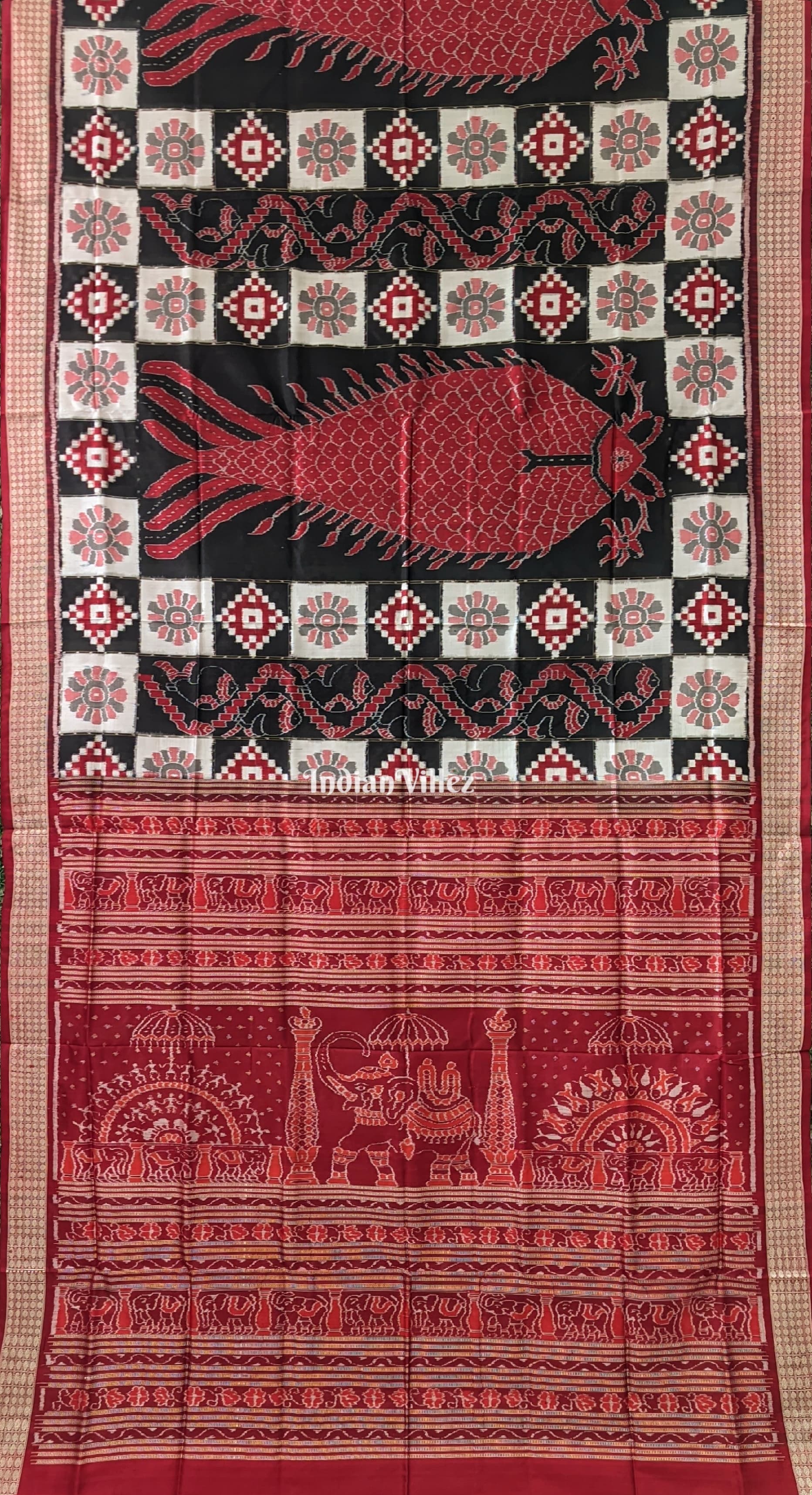 Maroon Pasapali with Fish Motif Theme Sambalpuri Pure Silk Saree