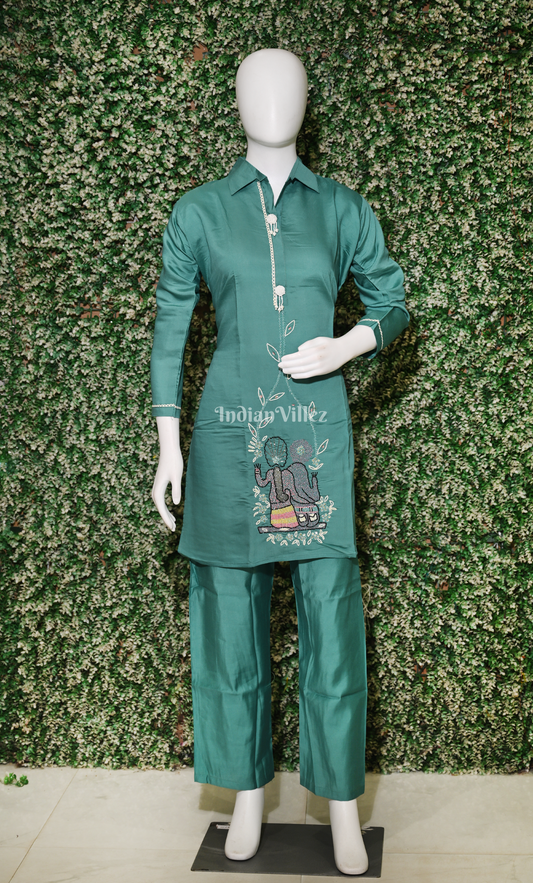 Designer Sage Green Embroidery Kurta & Pant Set-(Co-Ords Set)