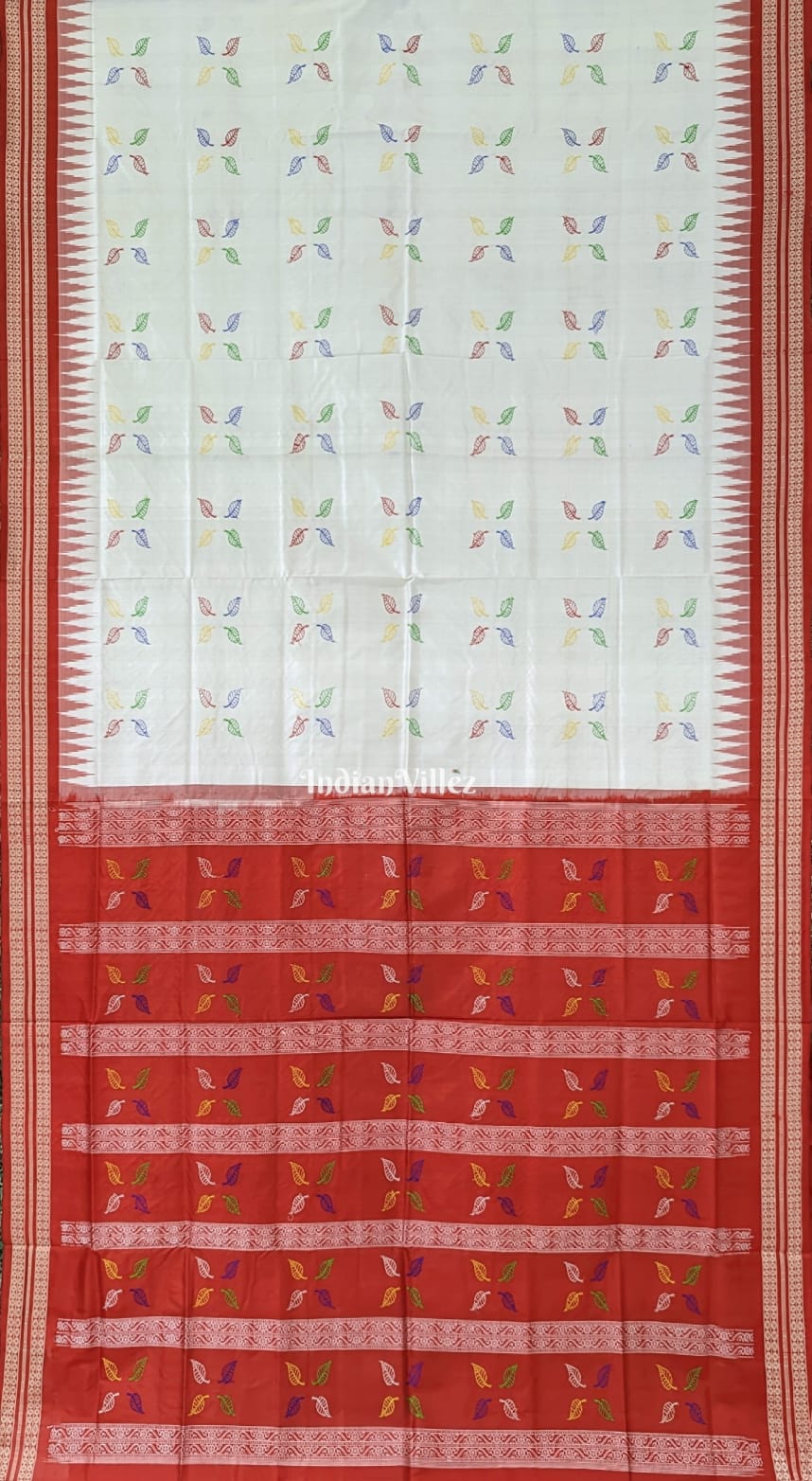 White with Multicolored Leaf Bomkai Sambalpuri Silk Saree