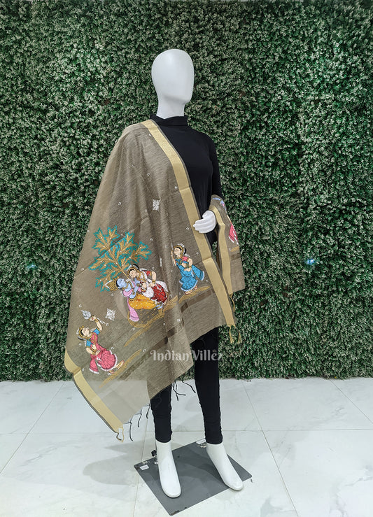 Gray Radha Krishna Raslila Hand-Painted Patachitra Chanderi Dupatta