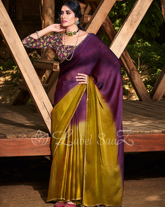 Purple Mustard Chiffon Saree with Floral Blouse