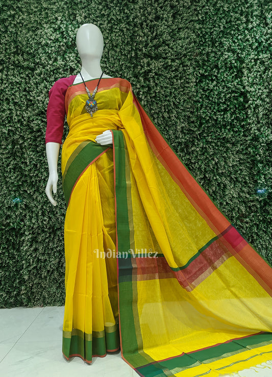 Yellow with Multicolor Pure Silk Cotton Maheswari Saree