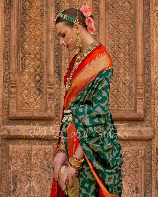 Bottle Green Patola-Inspired Pochampally South Silk Saree