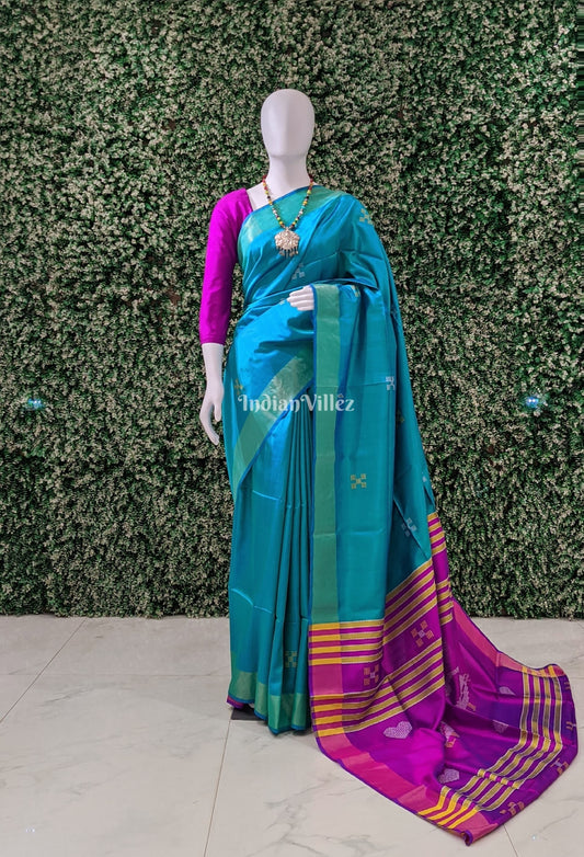 Teal Green with Purple Handwoven Soft Silk Saree