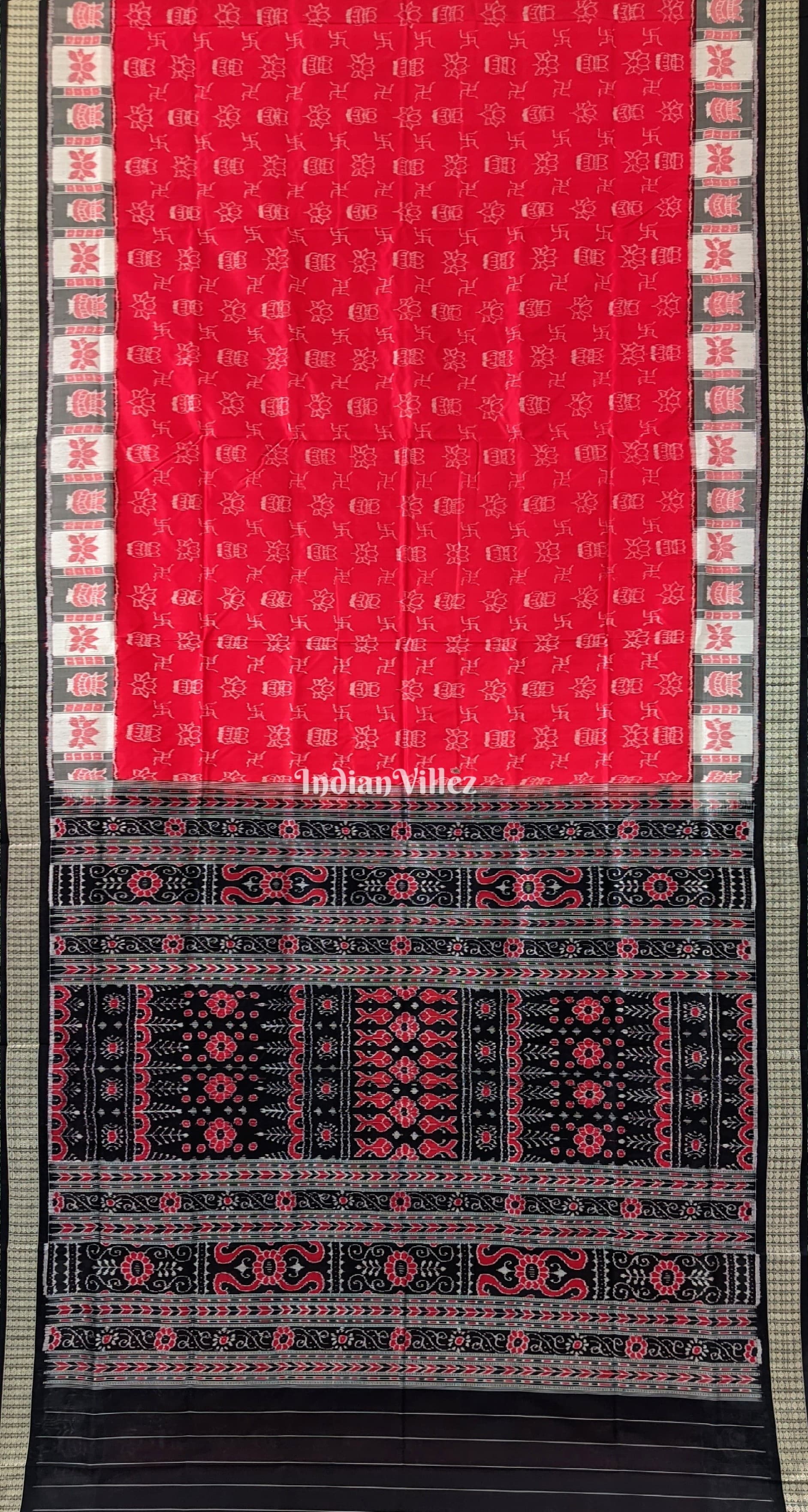 Red Swastik Kumbha Design Sambalpuri Silk Saree