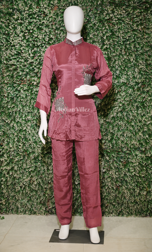 Designer Rust Maroon Embroidery Kurta & Pant Set-(Co-Ords Set)