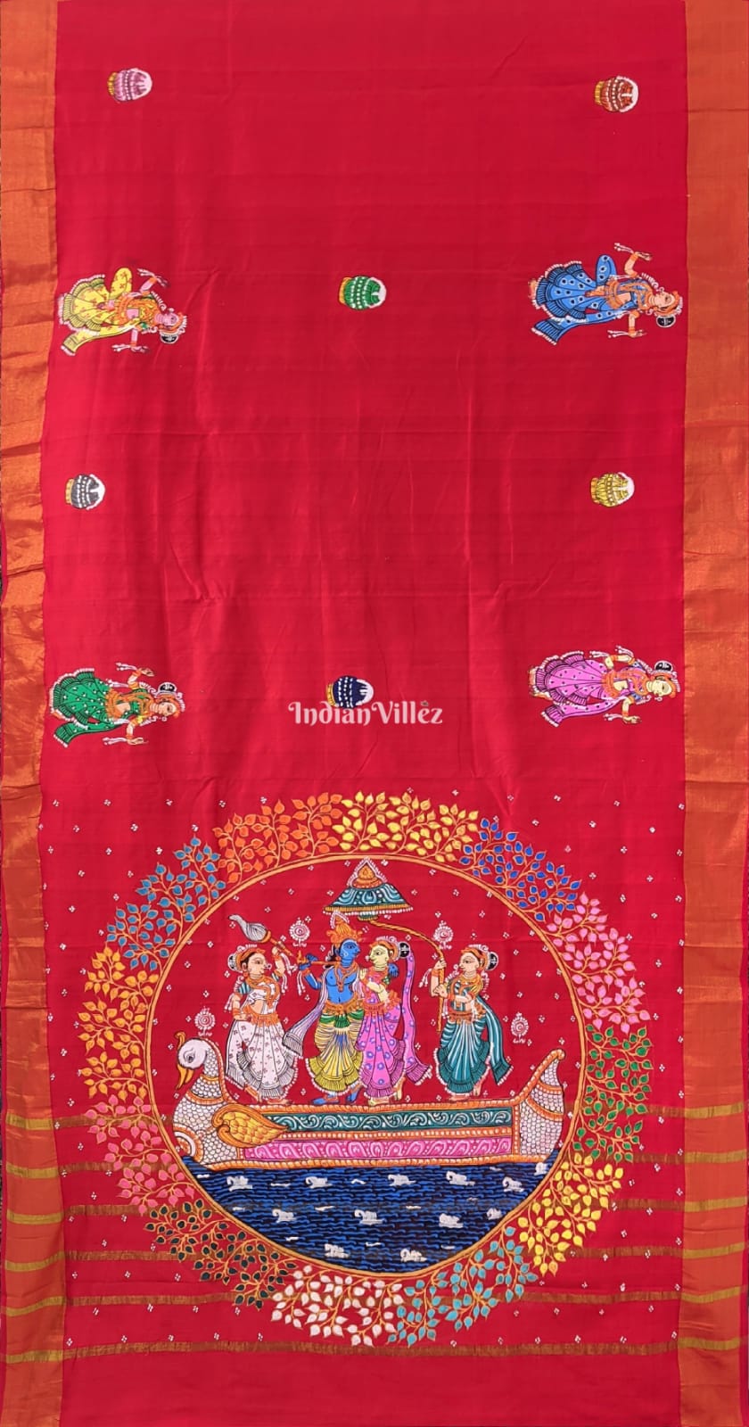 Red Grey Radha Krishna Pattachitra on Kerala Silk Saree