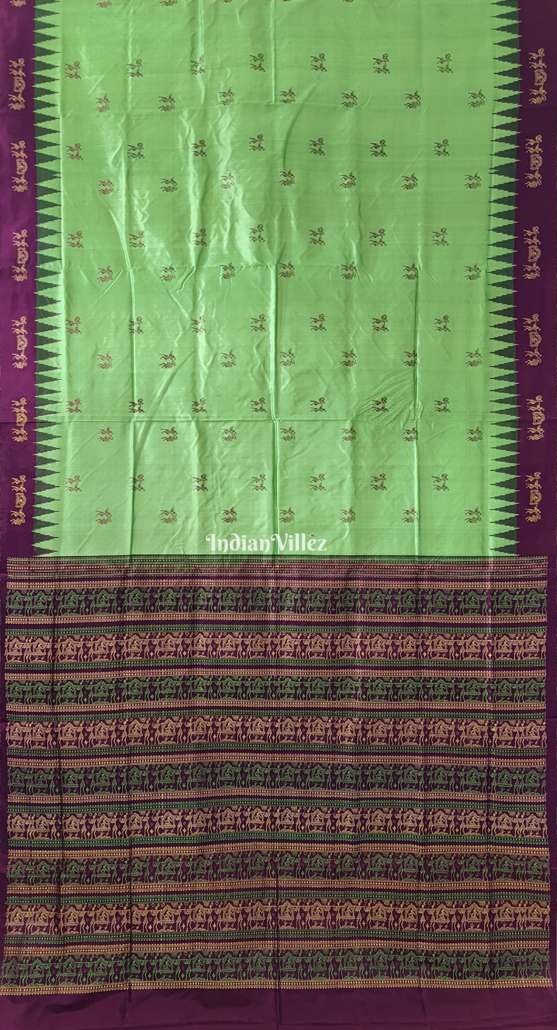 Mint Green & Wine Color Tribal Theme Sambalpuri Silk Saree